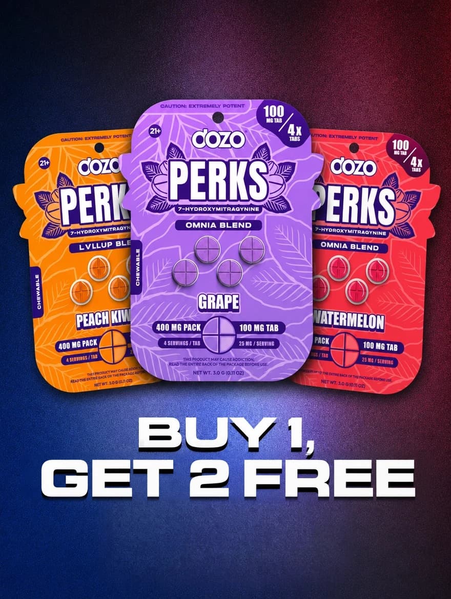 DOZO PERKS 7-OH 400 mg tablet packs in Peach Kiwi, Grape and Watermelon, Buy 1 Get 2 Free