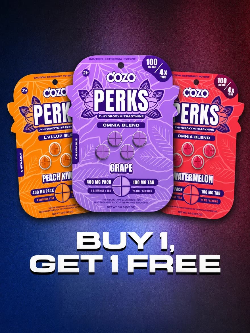 DOZO PERKS 7-OH 400 mg tablet packs in Peach Kiwi, Grape and Watermelon, Buy 1 Get 1 Free