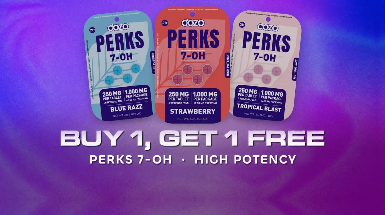 DOZO PERKS 7-OH High Potency 1,000 mg tablet packs in Blue Razz, Strawberry and Tropical Blast, Buy 1 Get 1 Free