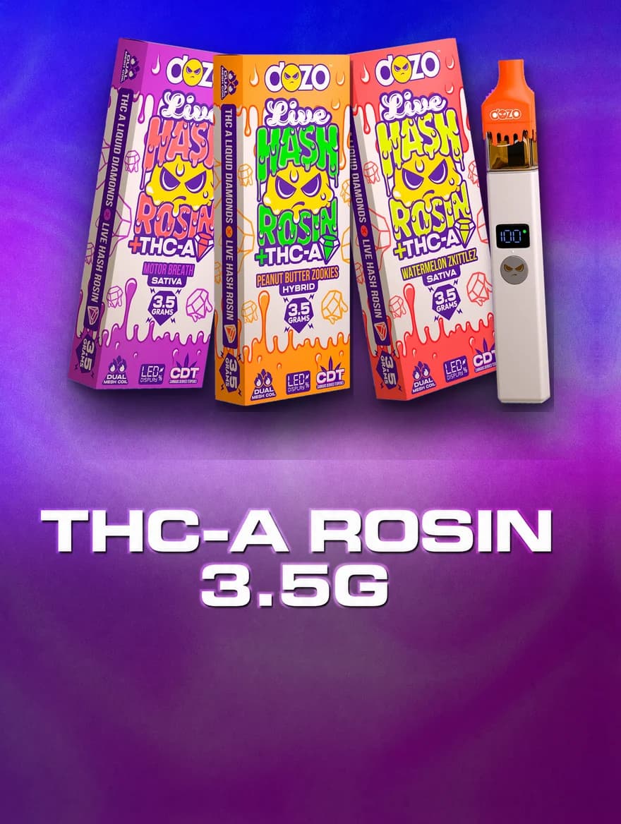 Dozo 3.5g Live Hash Rosin THC-A vapes, three strains