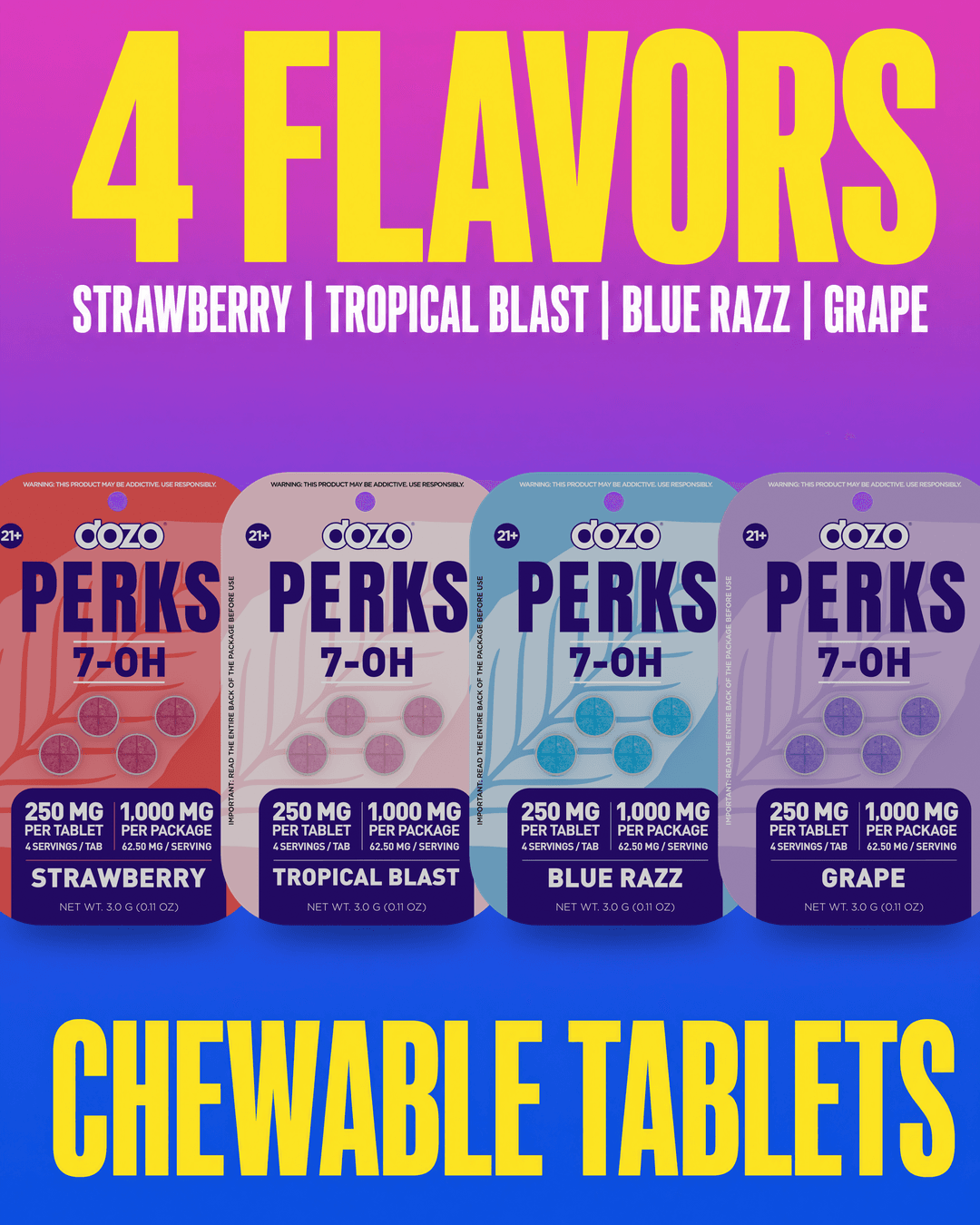 Dozo PERKS 7-OH High Potency — Strawberry, Tropical Blast, Blue Razz, Grape chewable tablets