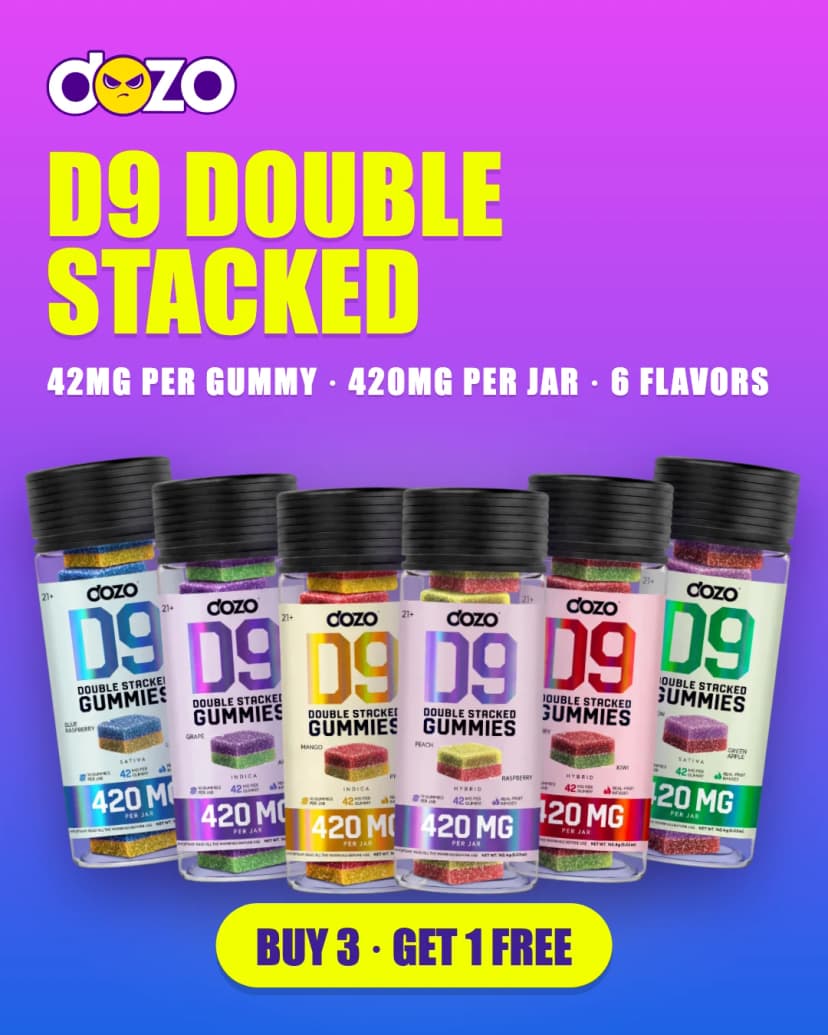 Dozo D9 Double Stacked gummies, all six flavor jars, 42mg per gummy, 420mg per jar, buy 3 get 1 free