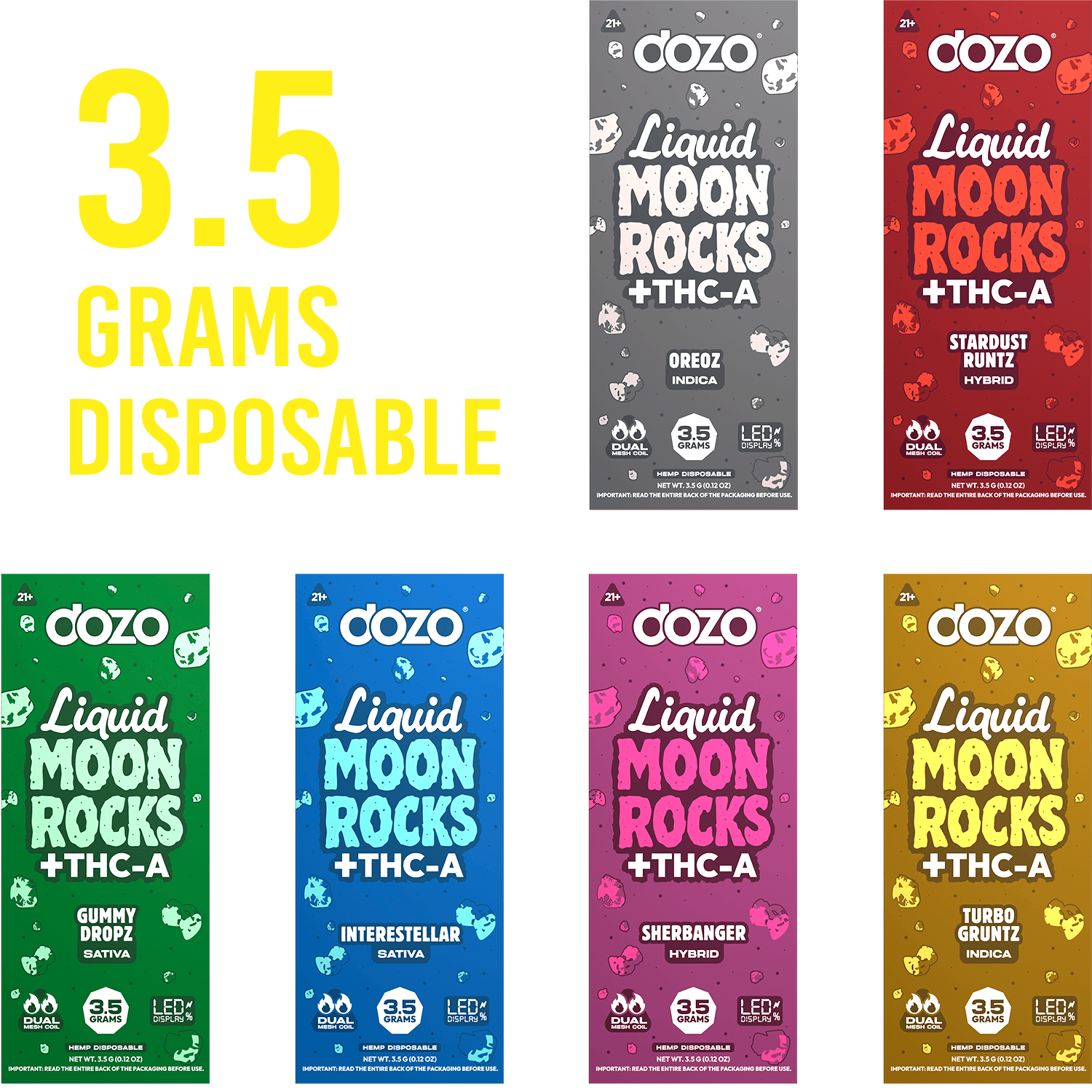 DOZO Liquid Moon Rocks + THC-A 3.5 g disposables in six flavors