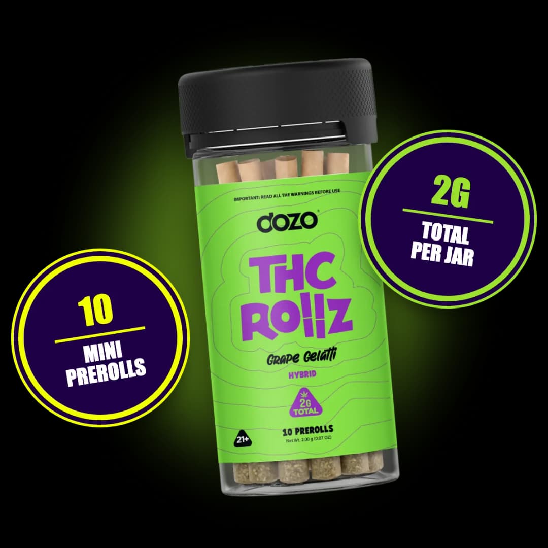 Dozo THC Rollz 10ct Grape Gelatti jar: 10 mini prerolls, 2g total per jar