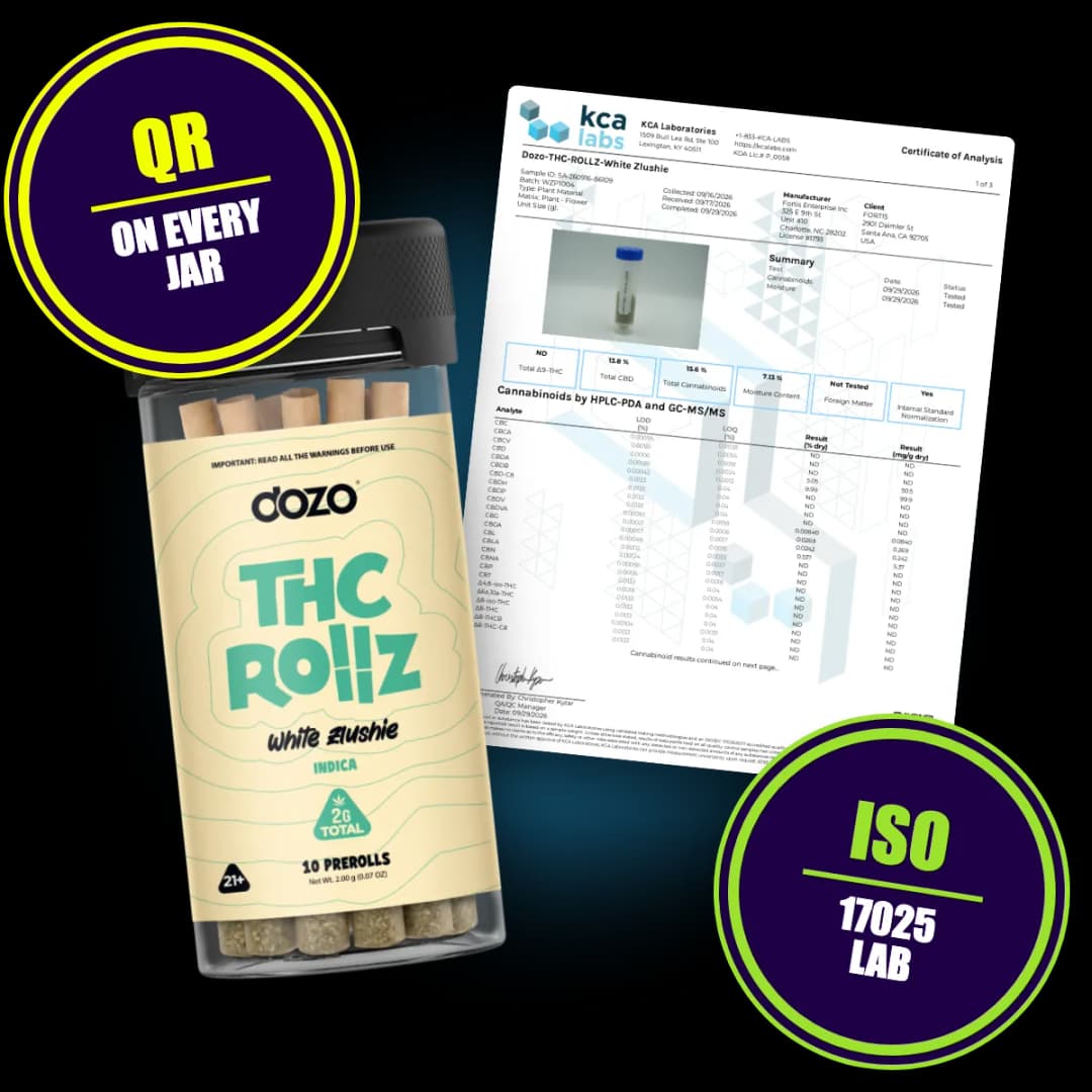 Dozo THC Rollz 10ct White Zlushie jar with its KCA Labs report: QR on every jar, ISO 17025 lab