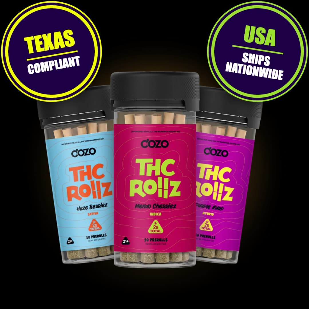 Dozo THC Rollz 10ct jars in Haze Berriez, Mendo Cherriez and Purple Zurp: Texas-compliant, ships nationwide