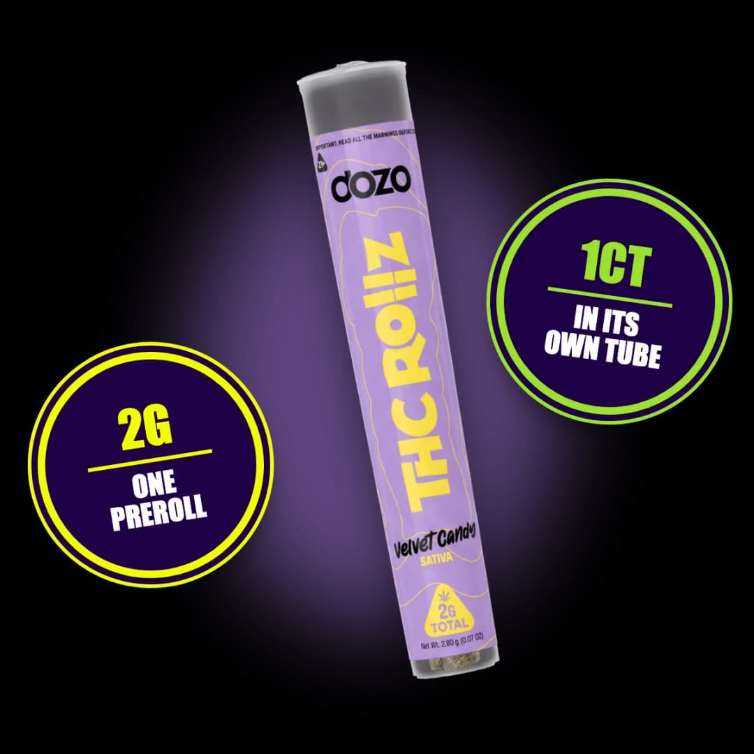 Dozo THC Rollz 1ct Velvet Candy tube: one 2g preroll in its own tube