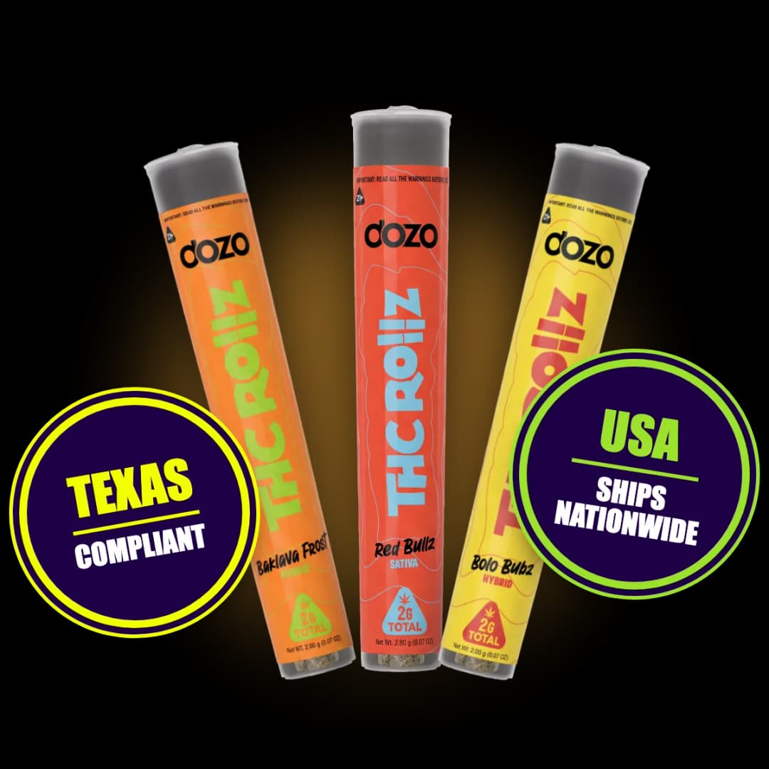 Dozo THC Rollz 1ct tubes in Baklava Frost, Red Bullz and Bolo Bubz: Texas-compliant, ships nationwide