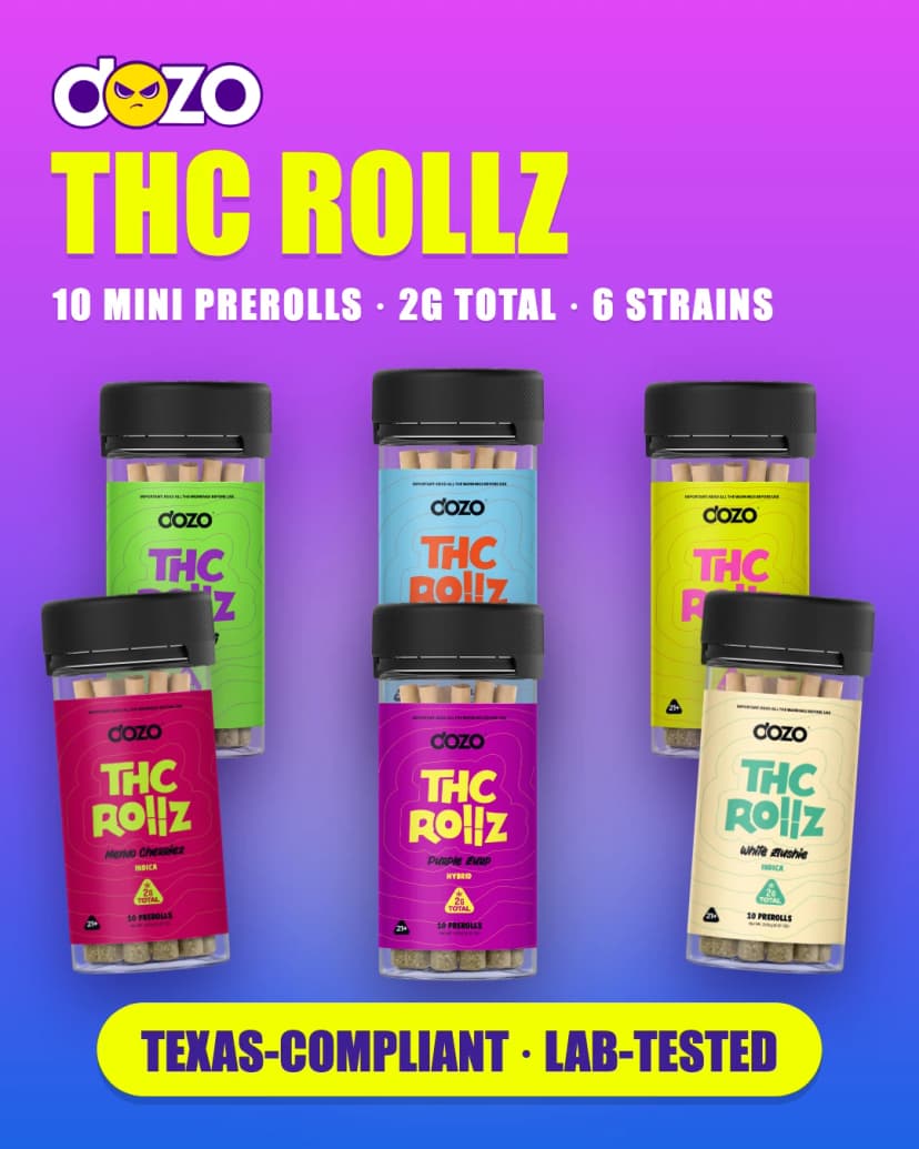 Dozo THC Rollz 10ct: six jars of 10 mini prerolls in Grape Gelatti, Haze Berriez, Lemon Jaxx, Mendo Cherriez, Purple Zurp and White Zlushie