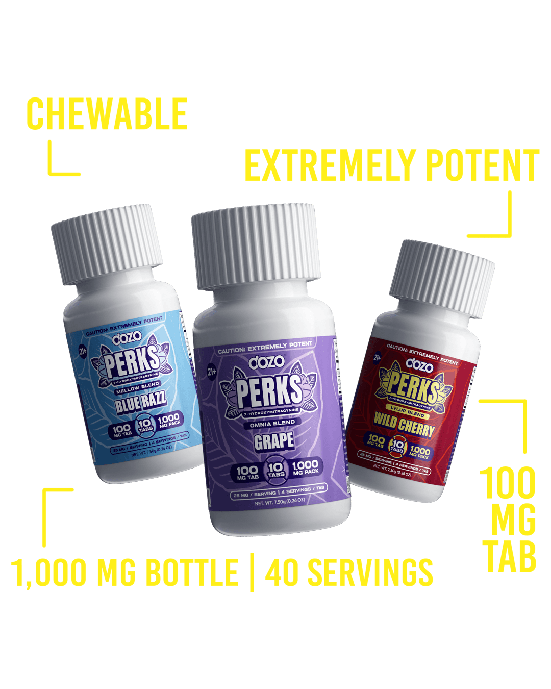 DOZO PERKS 7-OH chewable tablet bottles: 100 mg tablets, 1,000 mg bottle, 40 servings
