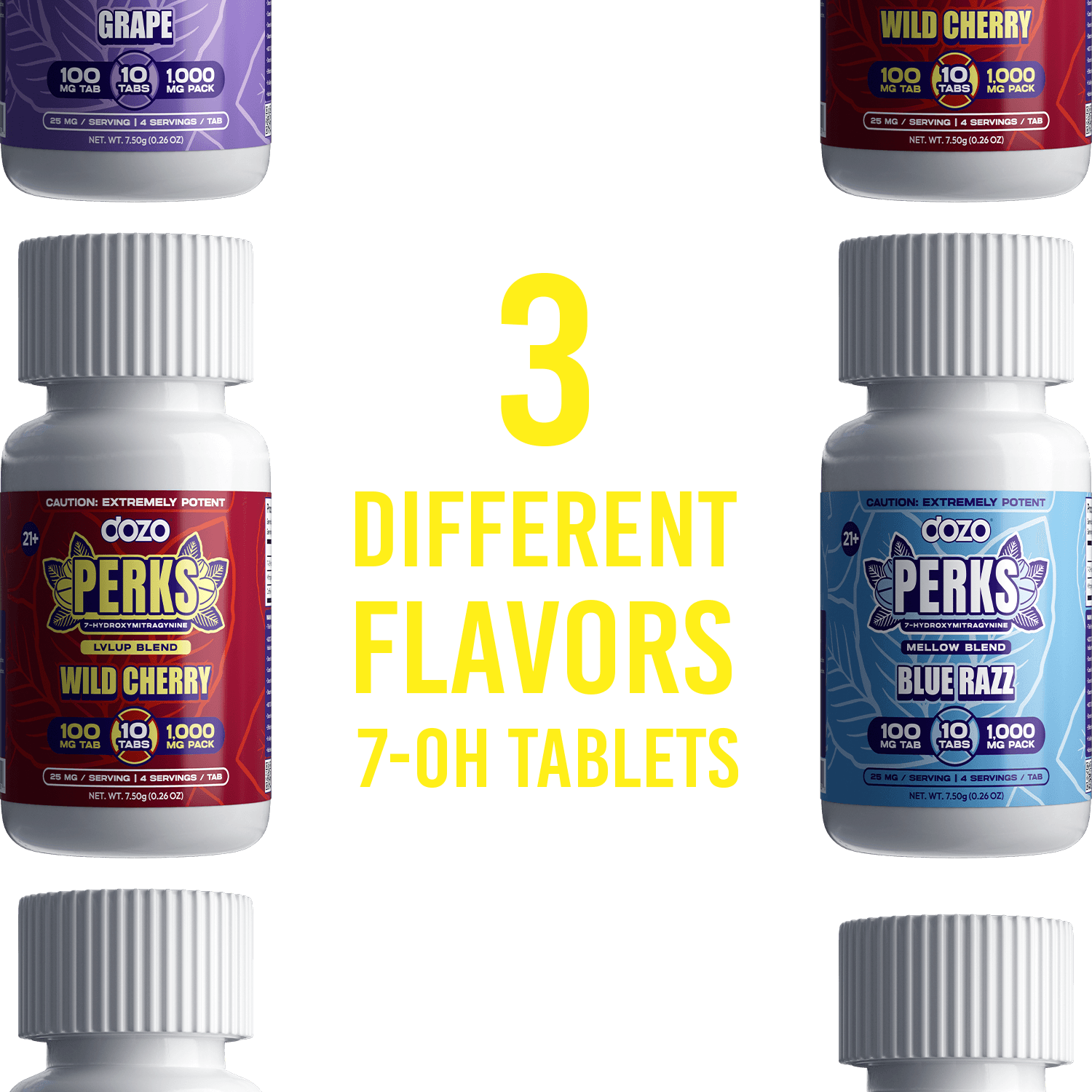 DOZO PERKS 7-OH tablets in three flavors: Grape, Wild Cherry and Blue Razz