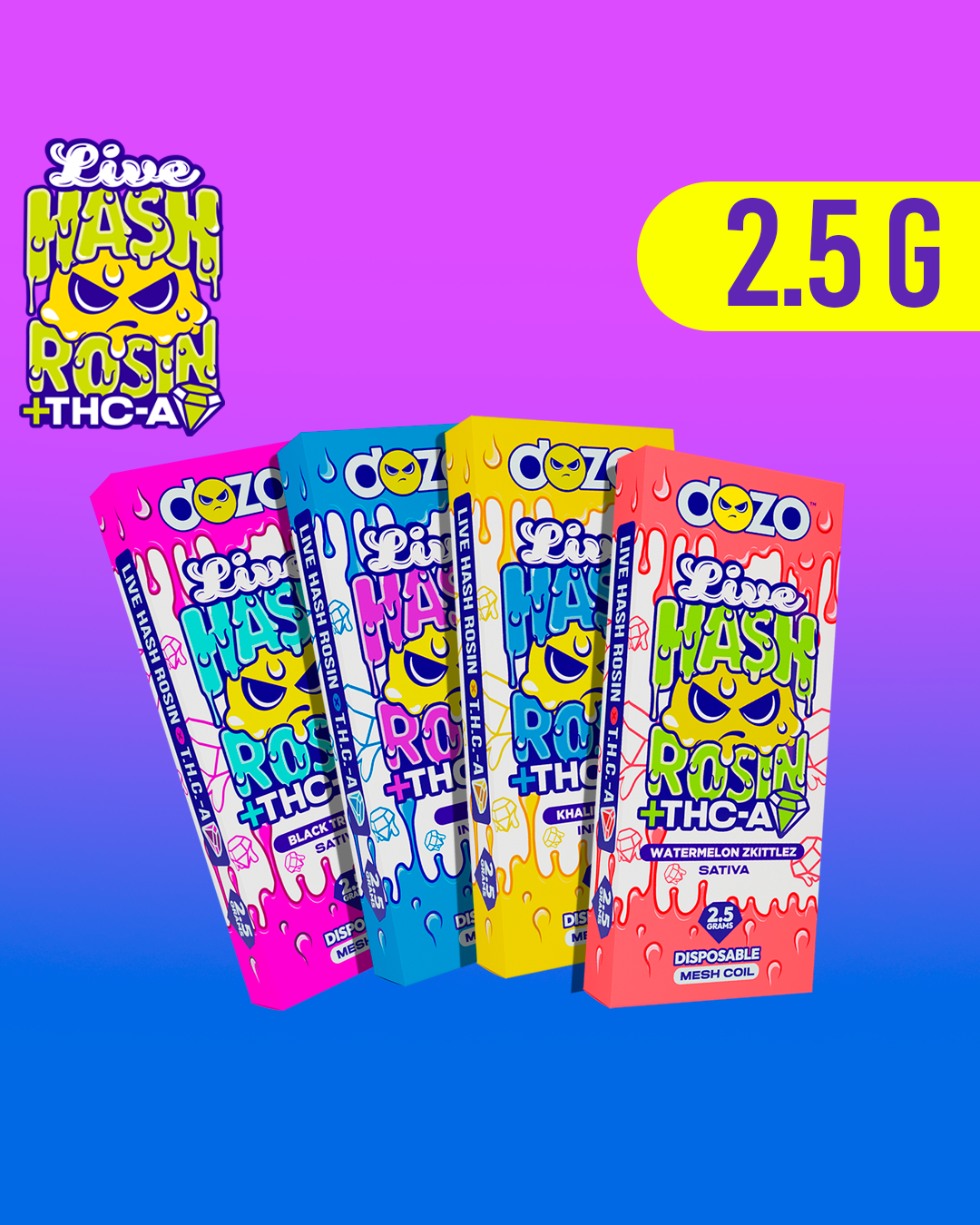 2.5g Dozo Live Hash Rosin THC-A Vape: Animal Cookies (Sativa)