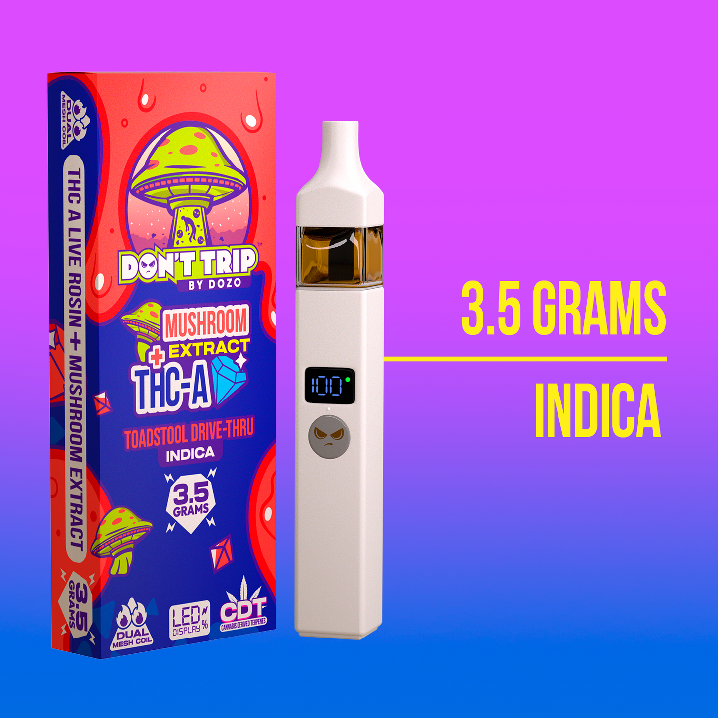 3.5g Dozo Don't Trip Mushroom Vape: Toadstool Drive-Thru (Indica)