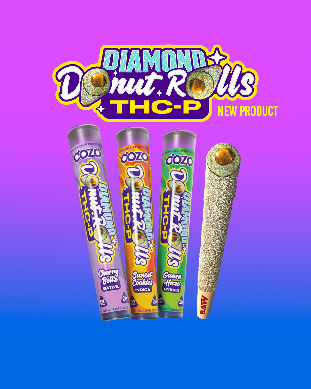 Dozo Diamond Donut Rolls THC-P  1ct | Live-Rosin Infused |  $20 per pre-roll