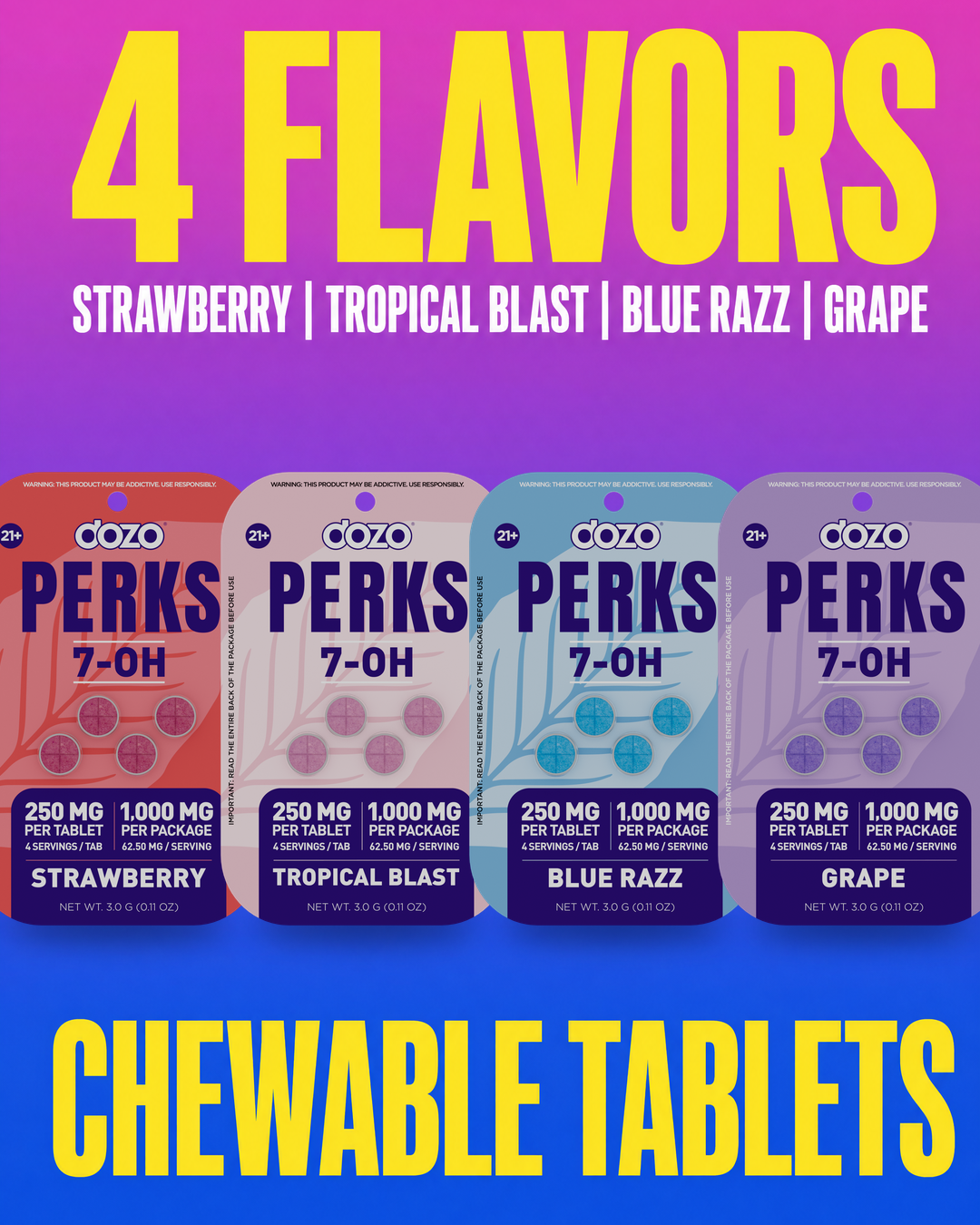 Dozo PERKS 7-OH High Potency — Strawberry, Tropical Blast, Blue Razz, Grape chewable tablets