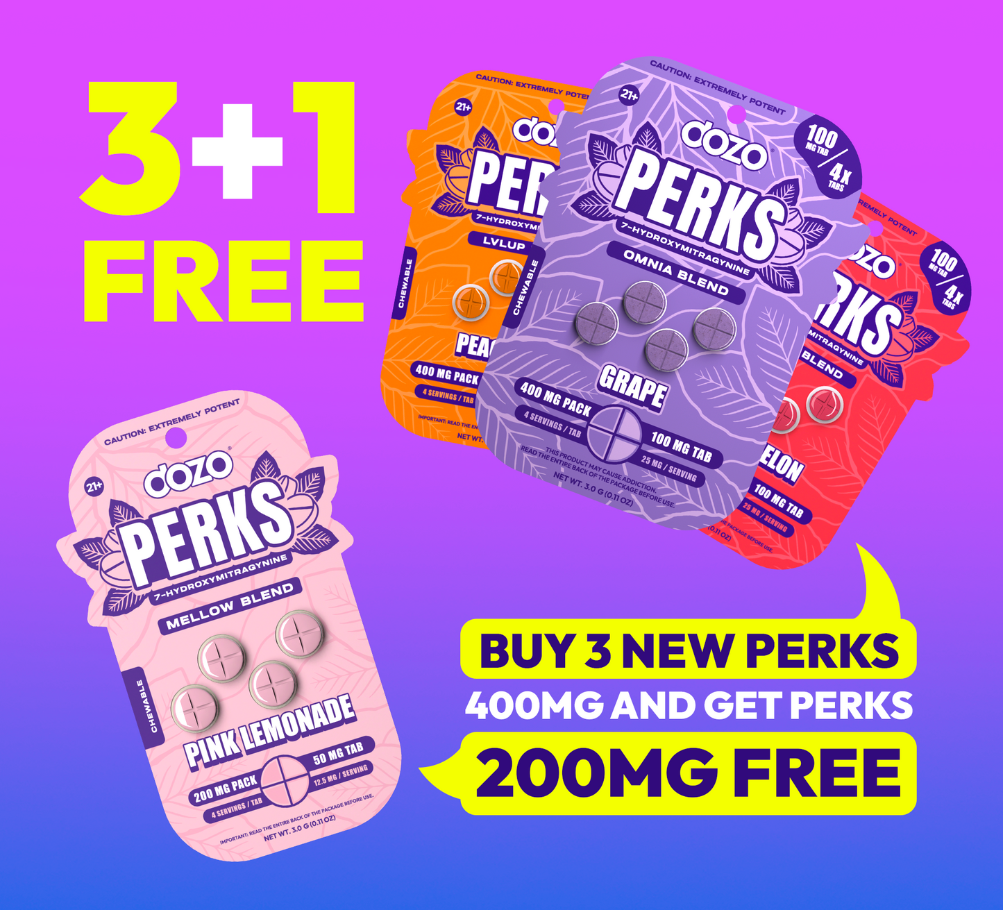 4ct 100mg Dozo PERKS 7-HYDROXYMITRAGYNINE | 400 mg per PACK