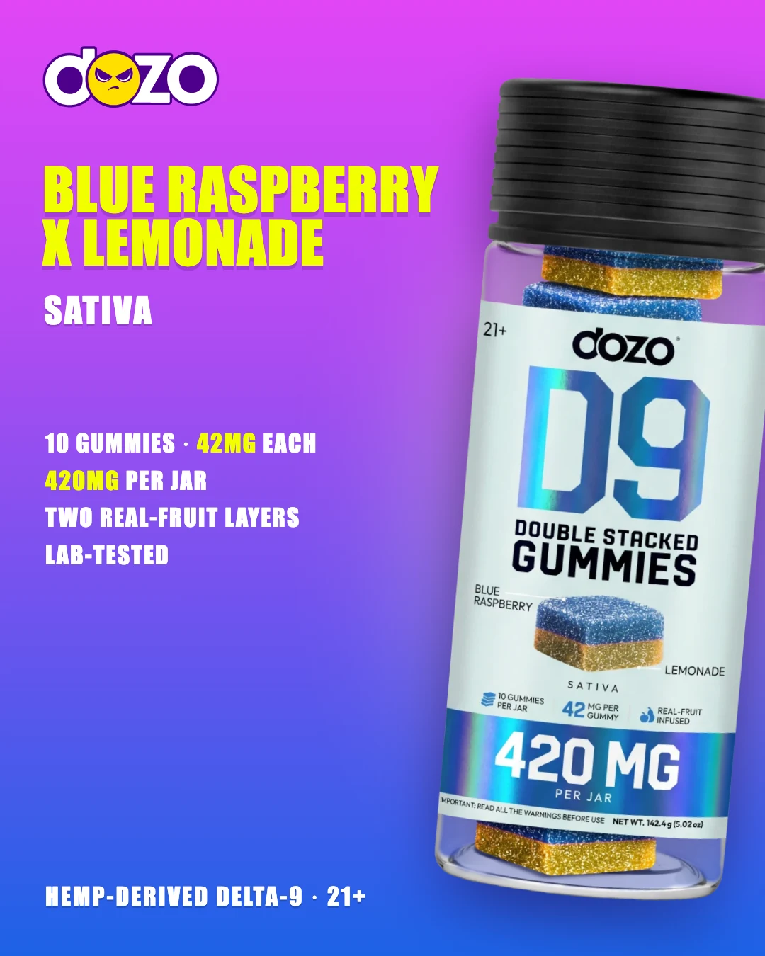 Dozo D9 Double Stacked Blue Raspberry x Lemonade jar (Sativa), 10 two-layer gummies, 42mg each, 420mg per jar