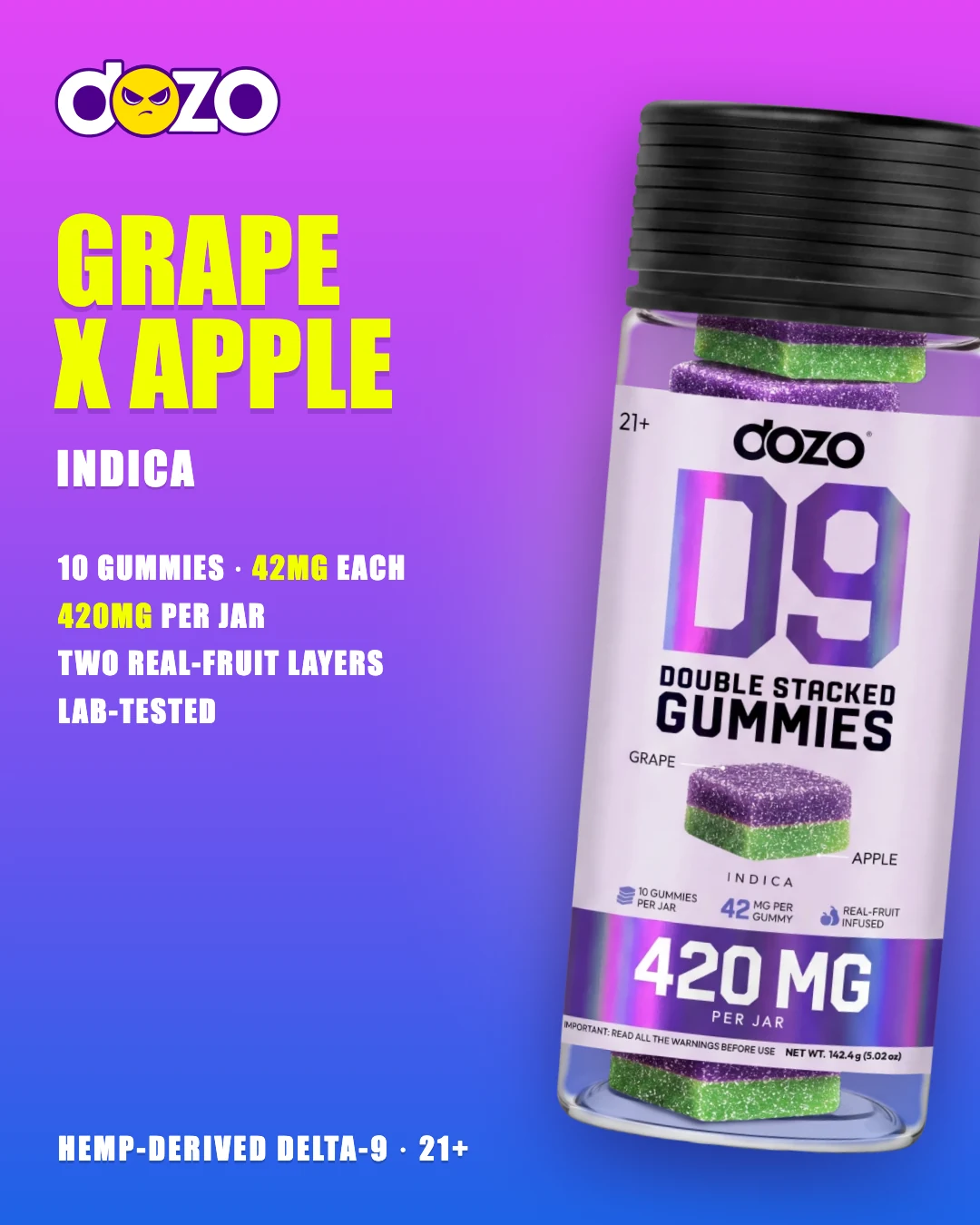 Dozo D9 Double Stacked Grape x Apple jar (Indica), 10 two-layer gummies, 42mg each, 420mg per jar