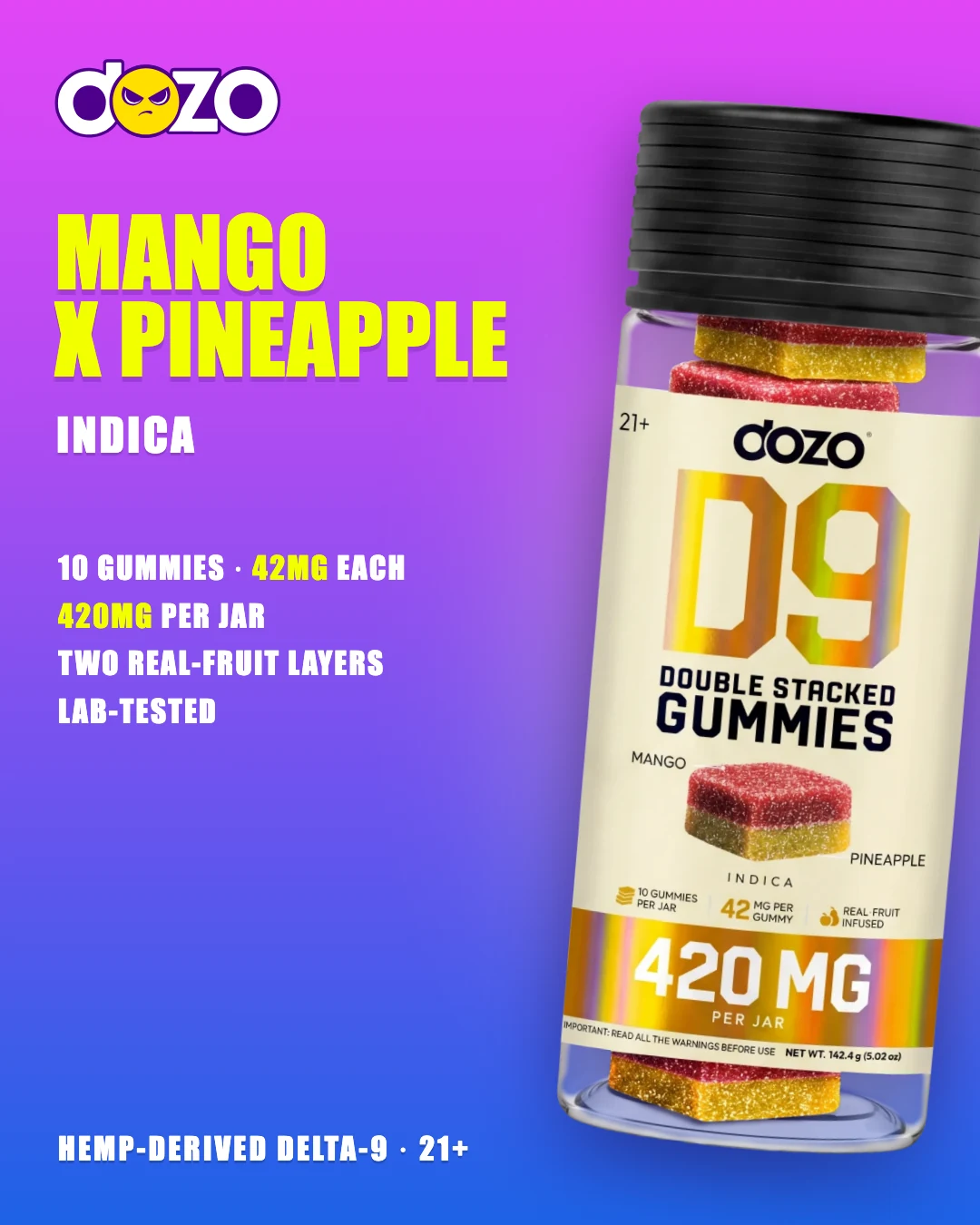 Dozo D9 Double Stacked Mango x Pineapple jar (Indica), 10 two-layer gummies, 42mg each, 420mg per jar