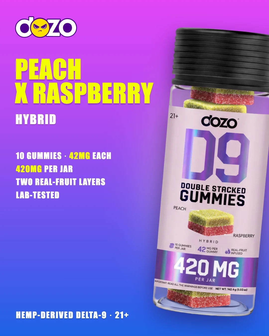 Dozo D9 Double Stacked Peach x Raspberry jar (Hybrid), 10 two-layer gummies, 42mg each, 420mg per jar