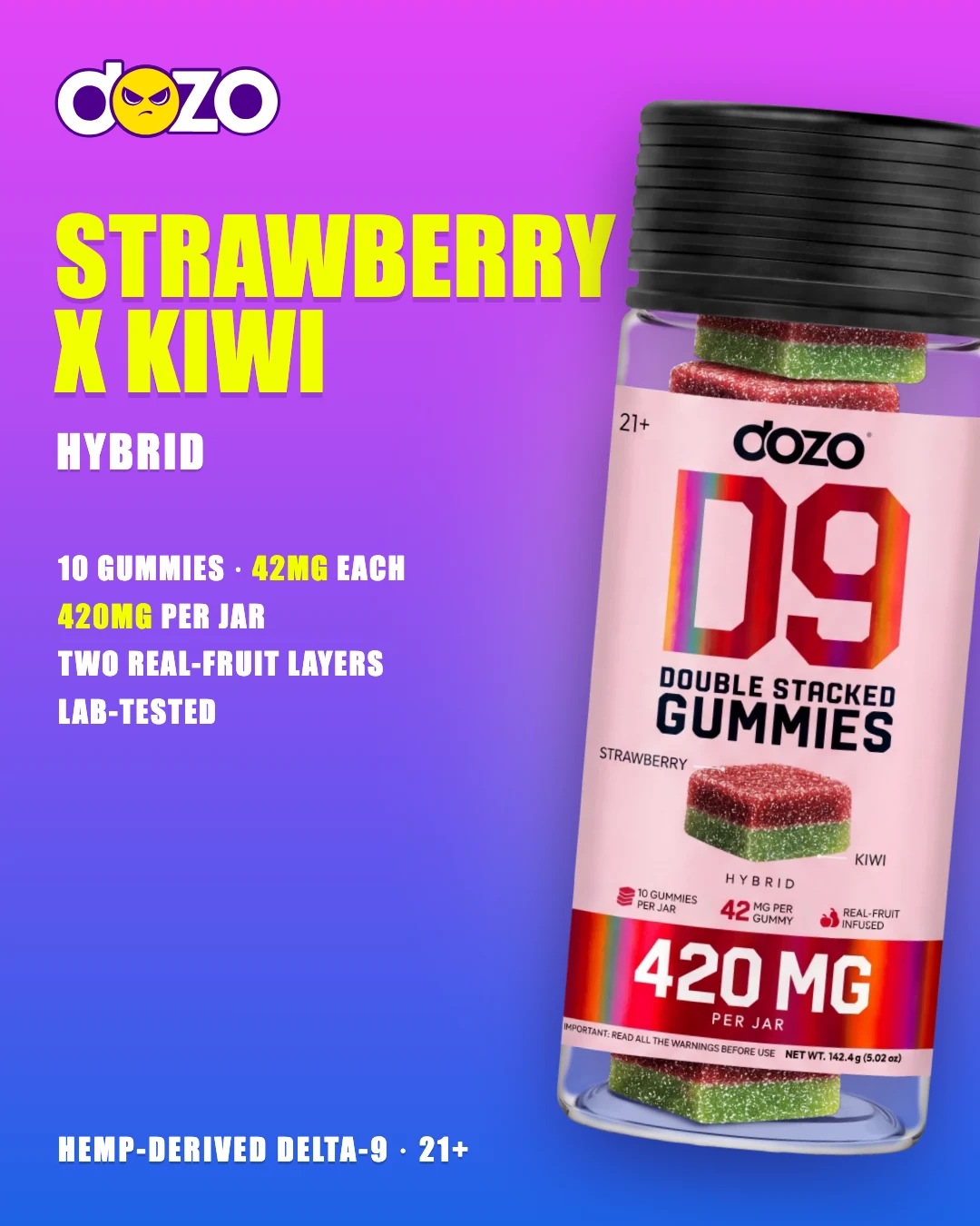 Dozo D9 Double Stacked Strawberry x Kiwi jar (Hybrid), 10 two-layer gummies, 42mg each, 420mg per jar