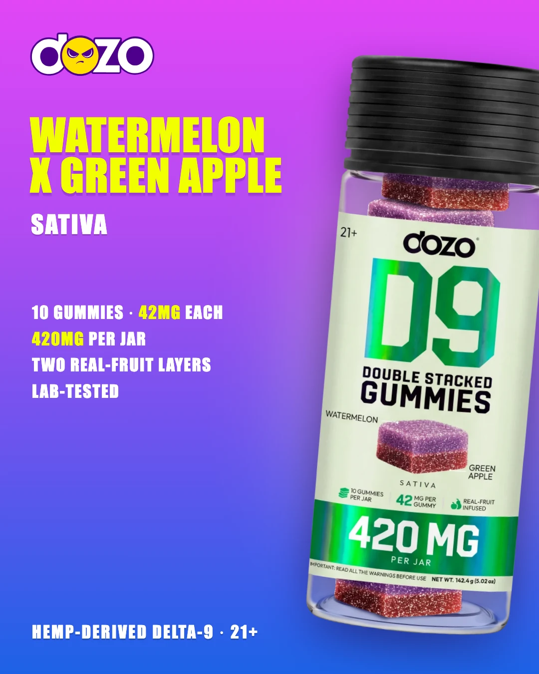 Dozo D9 Double Stacked Watermelon x Green Apple jar (Sativa), 10 two-layer gummies, 42mg each, 420mg per jar