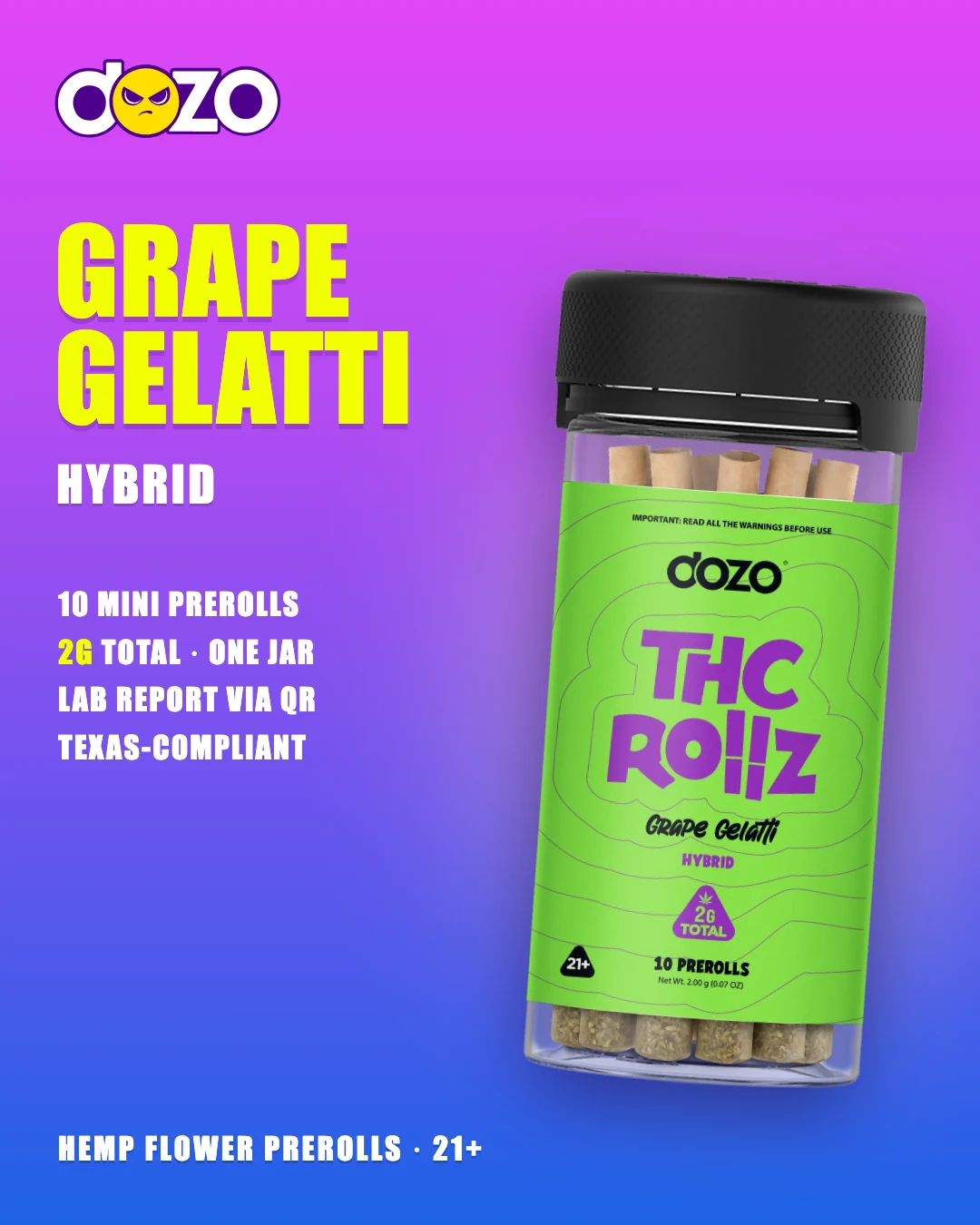 Dozo THC Rollz 10ct Grape Gelatti jar, hybrid, 10 mini prerolls with 2g of hemp flower in total