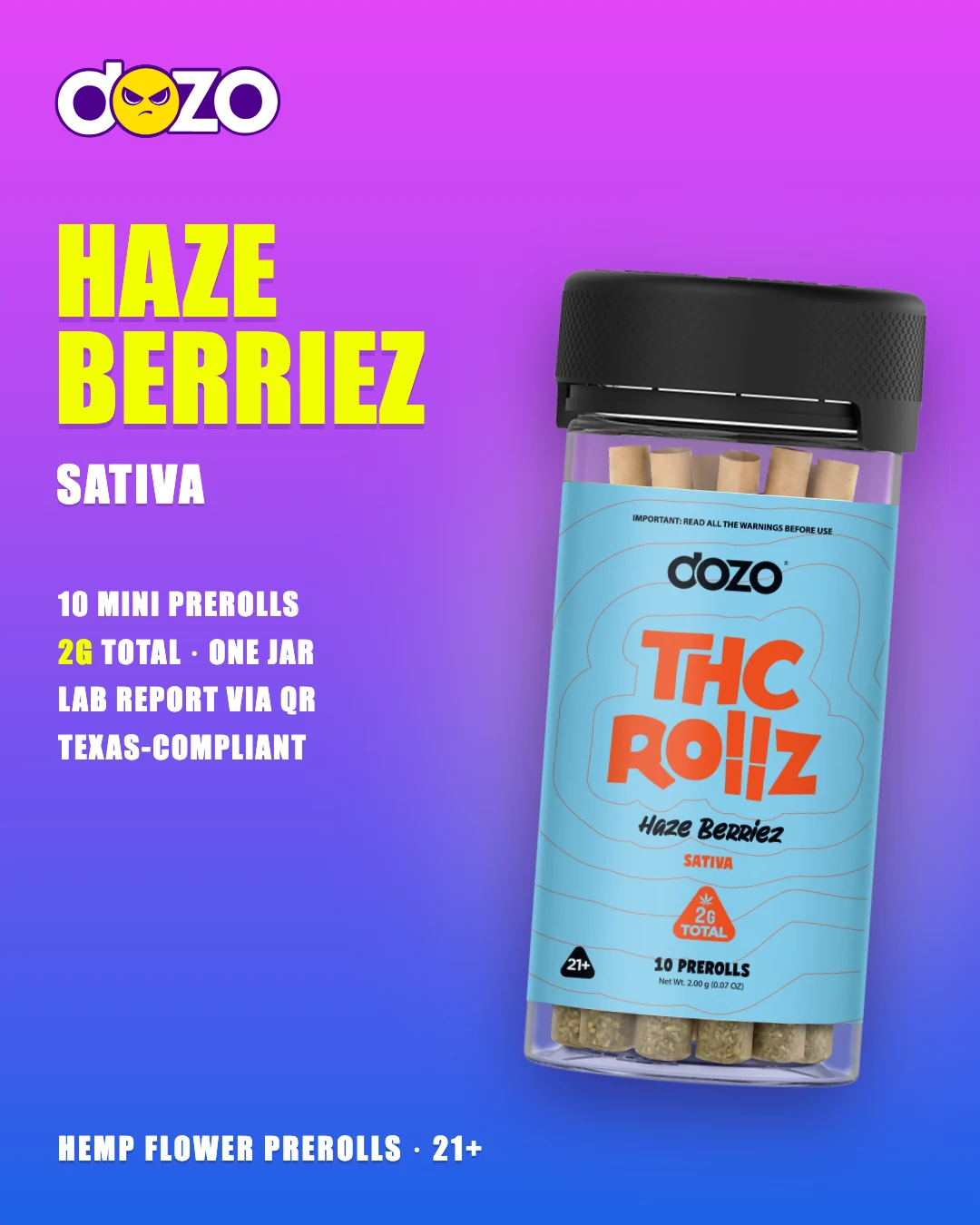 Dozo THC Rollz 10ct Haze Berriez jar, sativa, 10 mini prerolls with 2g of hemp flower in total