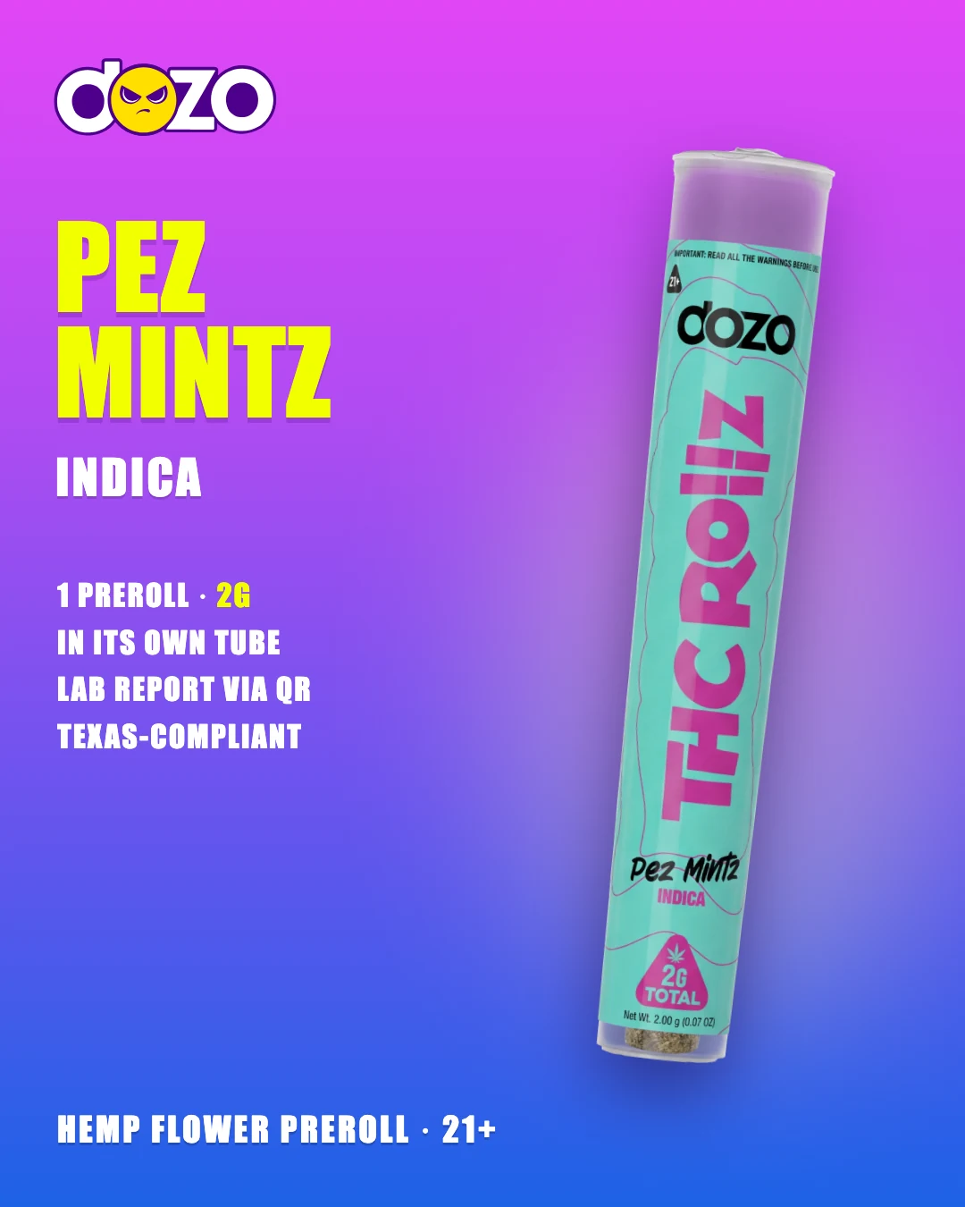 Dozo THC Rollz 1ct Pez Mintz tube, indica 2g hemp flower preroll