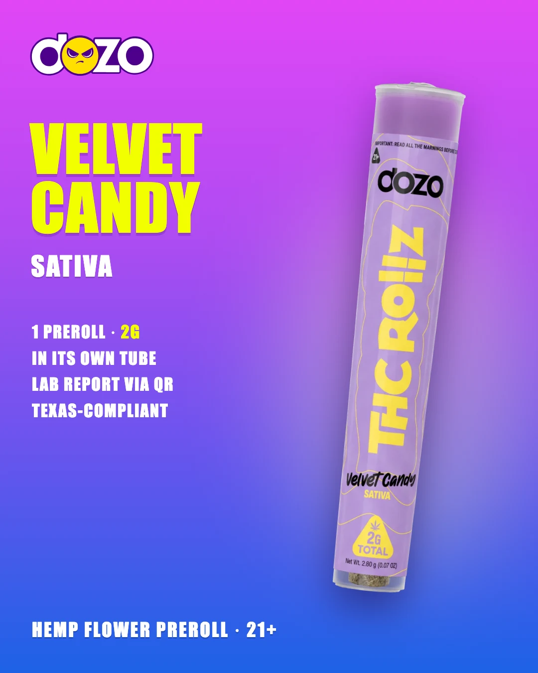 Dozo THC Rollz 1ct Velvet Candy tube, sativa 2g hemp flower preroll